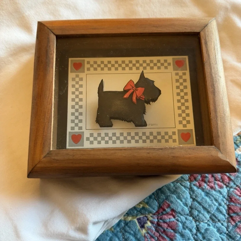 Vintage Scottie Dog Shadow Box Wall Art 4x6 Wood Frame Red Bow Hearts Folk Art